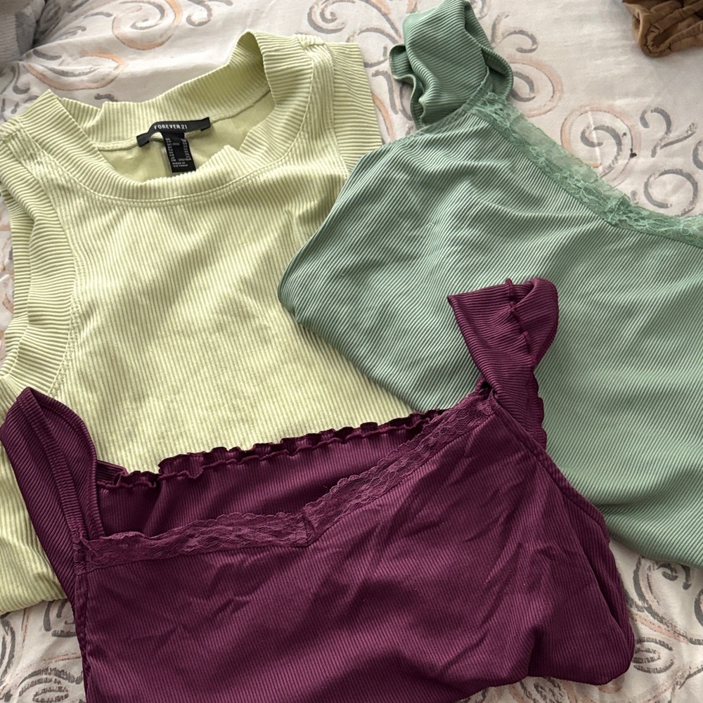 Forever 21 Ribbed Tank Tops - Light Green, Green, and Purple